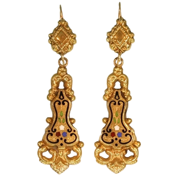 Antique floral enamel dangle earrings yellow gold, Victorian era (image 7 of 11)